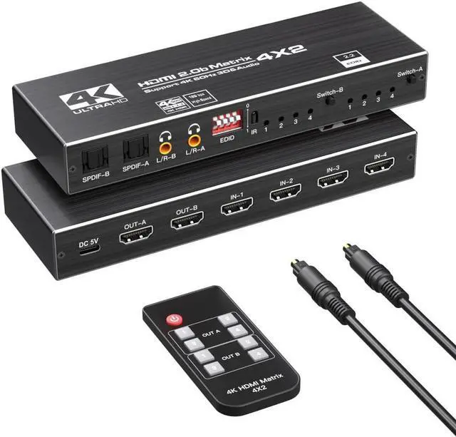 Main image of 4K HDMI Matrix Switch 4x2, Video Switcher Splitter 4 in 2 Out, Optical and LR Audio Output with IR Remote Controller, Support 4K@60Hz 3D 18.5Gbps x 3 Data Rate, HDMI 2.0b, HDCP 2.2