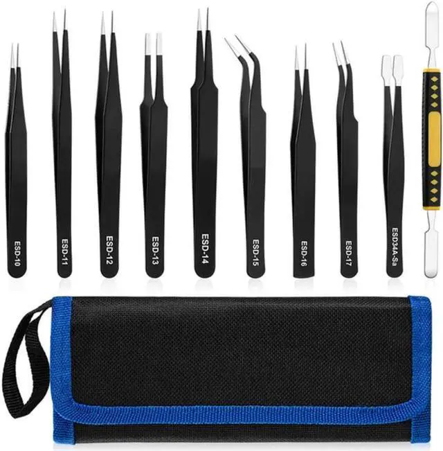 Main image of 10 Pcs Precision Tweezers Set, Premium Craft Tweezers Kit, Stainless Steel Electronic ESD Tweezers,Anti-Static Tweezers