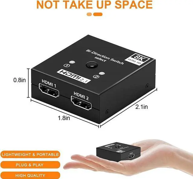 Alt view image 7 of 7 - 4K 120Hz HDMI2.1 Switcher, 8K HDMI Splitter 2 Ports Bi-Direction Manual Switch 2 x 1/1 x 2 HDMI Passthrough,No External Power Required - Supports 8K@60hz and 4K@120hz
