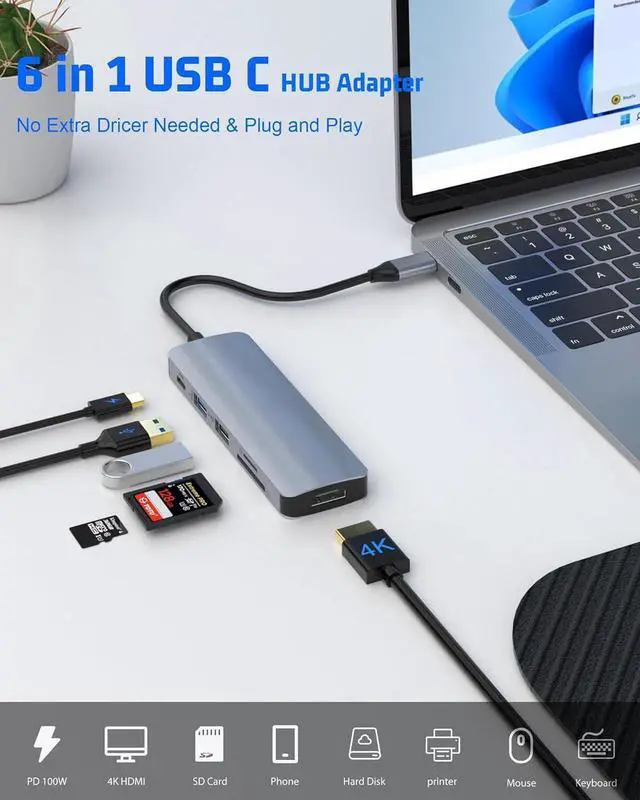 Alt view image 2 of 7 - USB C Hub, 6-in-1 USB C to HDMI Adapter with 4K HDMI, 100W PD, USB 3.0, USB 2.0 and SD/TF Card Reader, Multiport Splitter Compatible with MacBook Air/Pro M1/M2, Surface Go and More