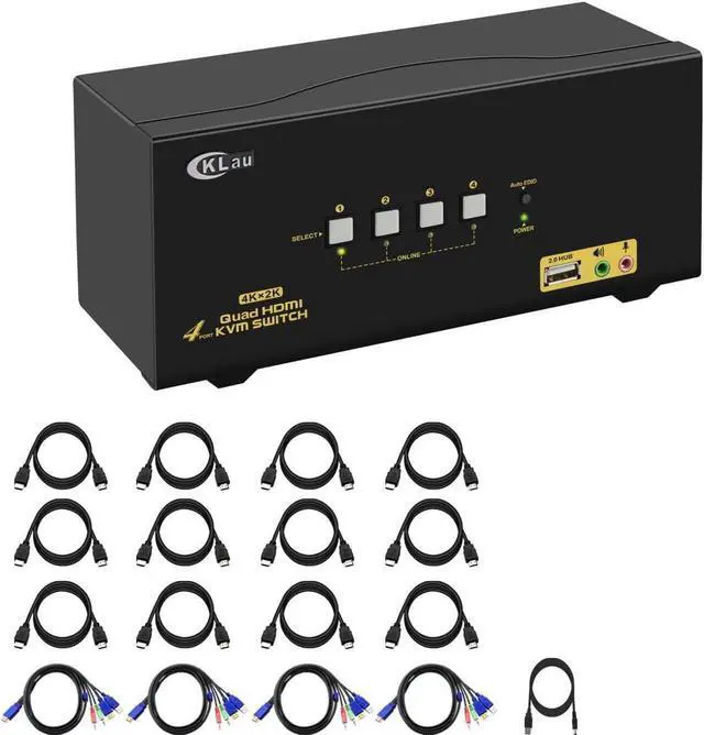 Main image of CKLau 4Kx2K@60Hz 4 Port Quad Monitor KVM HDMI Switch with Audio, Microphone, USB 2.0 Hub, Cables for 4 Computers Sharing Single Keyboard, Mouse and 4 Monitors Support HDMI 2.0, EDID
