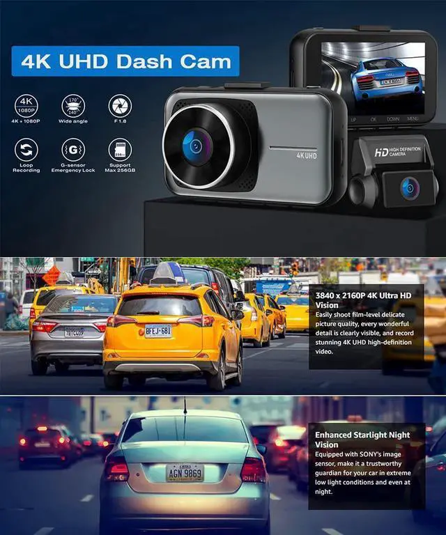 Alt view image 2 of 7 - Real 4K 5G WiFi Dual Dash Cam with WiFi GPS,2160P Car Camera with Free App,UHD 4K+1080P Driving recorder,3 Inch Car Dash Camera,24/7 Parking Mode,Night Vision,Emergency Lock,Loop Recording,G-sensor
