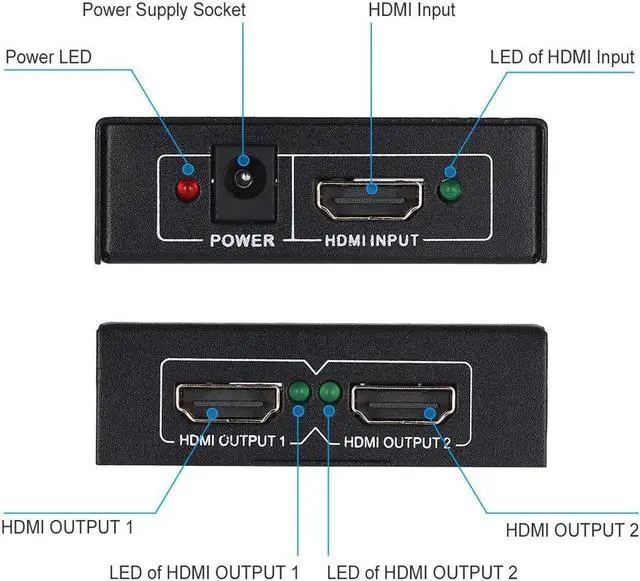 Alt view image 5 of 6 - Full HD HDMI Splitter 1x2 Repeater Amplifier 3D 1080p 4K Switch Box 1 in 2 out