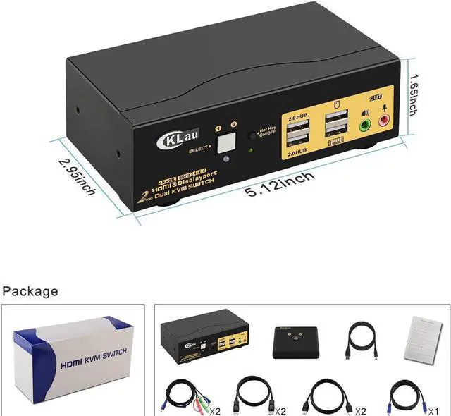 Alt view image 7 of 7 - CKLau 4Kx2K@60Hz 2 Port HDMI + Displayport Dual Monitor KVM Switch with Audio, USB 2.0 Hub and Cables Support HDMI 2.0, HDCP 2.2, HDR 10
