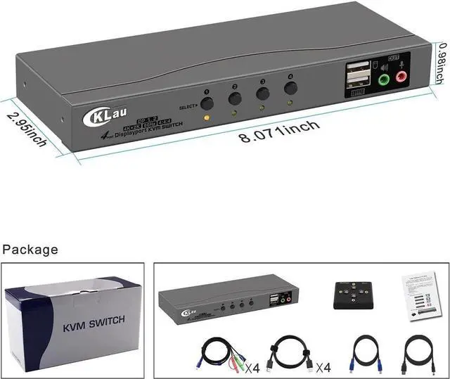 Alt view image 6 of 6 - CKLau 4 Port Displayport Cable KVM Switch with Audio and Microphone Support Wireless Keyboard Mouse, Remote Switching DP 1.2 Version 4K@60Hz