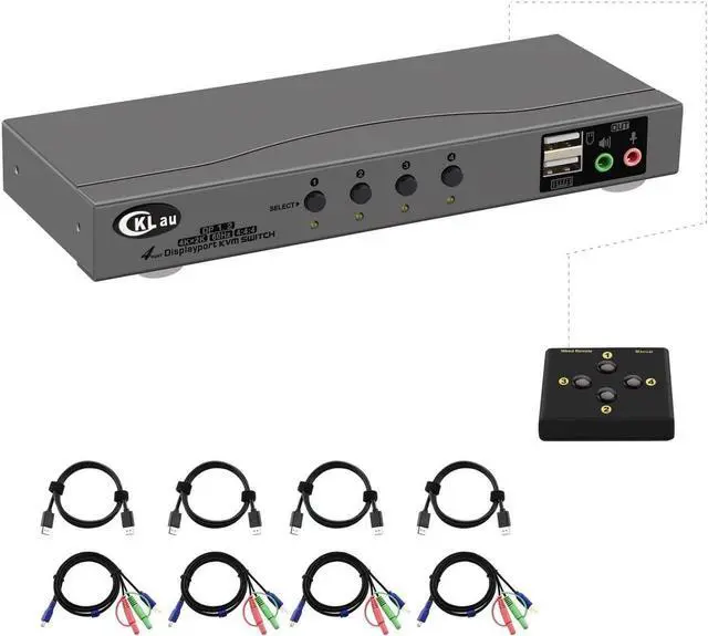 Main image of CKLau 4 Port Displayport Cable KVM Switch with Audio and Microphone Support Wireless Keyboard Mouse, Remote Switching DP 1.2 Version 4K@60Hz