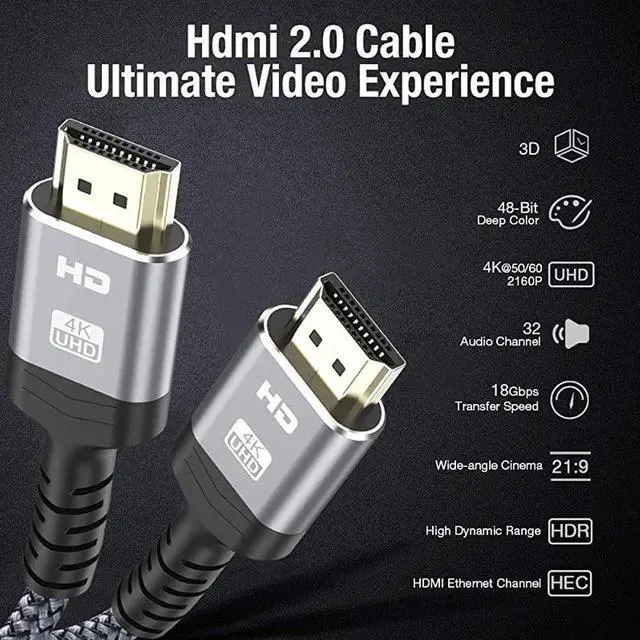 Alt view image 5 of 7 - 4K HDMI Cable, 3.3FT/1M High Speed 18Gbps HDMI 2.0 Braided Cord-Supports (4K 60Hz HDR,Video 4K 2160p 1080p 3D HDCP 2.2 ARC-Compatible with Ethernet PS4/3 4K Monitor Projector ect