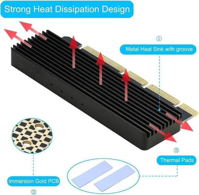Alt view image 3 of 7 - NVMe PCIe Adapter, M.2 NVMe to PCI-e x4/x8/x16 Card with Heat Sink for M.2 (M Key) SSD 2280/2260/2242/2230 [Upgraded]