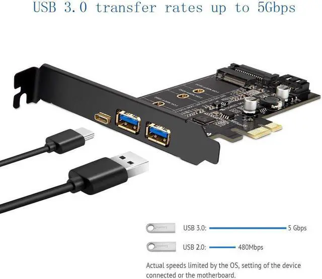 Alt view image 2 of 7 - PCI-E to USB 3.0 PCI Express Card incl.1 USB C and 2 USB A Ports,Type B, NVME not Supported, SATA Input, NGFF Output, SATA Protocol M.2 only, with Flat Bracket