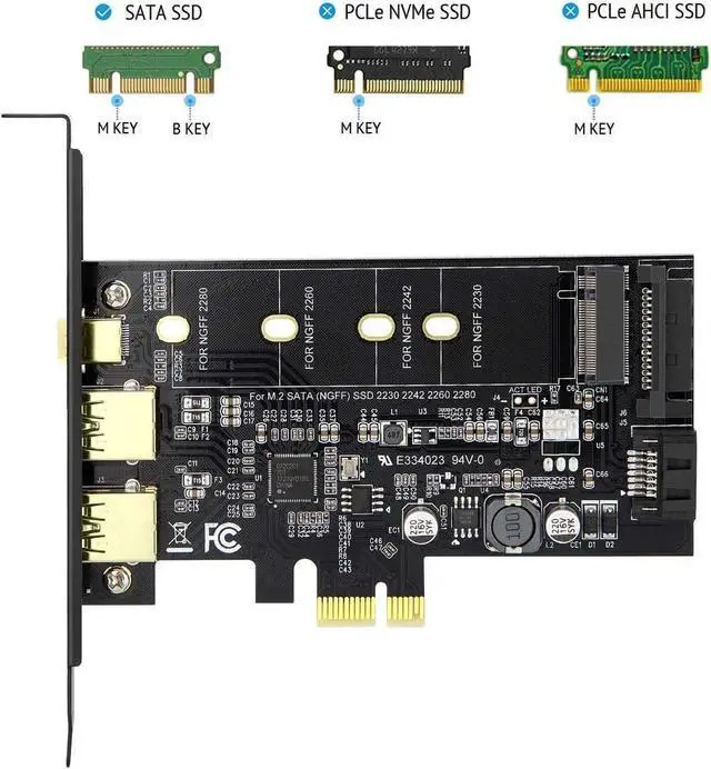 Alt view image 3 of 7 - PCI-E to USB 3.0 PCI Express Card incl.1 USB C and 2 USB A Ports,Type B, NVME not Supported, SATA Input, NGFF Output, SATA Protocol M.2 only, with Flat Bracket