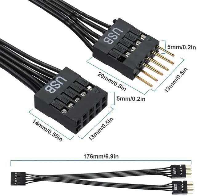 Alt view image 7 of 7 - Motherboard USB Splitter, USB2.0 9-Pin USB Splitter 1-in-2, USB Motherboard Adapter 9Pin Line Expansion Cable USB Splitter for Computer Motherboards, NZXT, USB Header Splitter Length 17.6 cm.