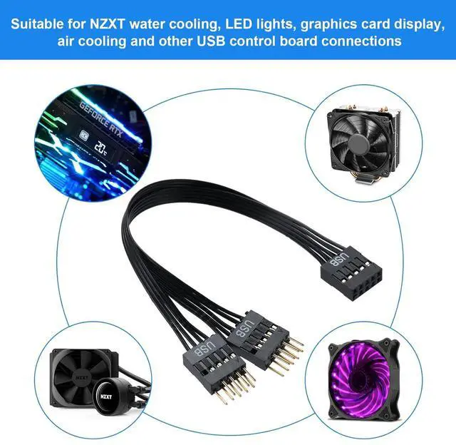Alt view image 4 of 7 - Motherboard USB Splitter, USB2.0 9-Pin USB Splitter 1-in-2, USB Motherboard Adapter 9Pin Line Expansion Cable USB Splitter for Computer Motherboards, NZXT, USB Header Splitter Length 17.6 cm.