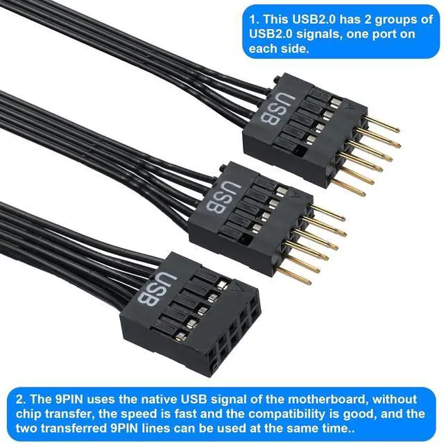 Alt view image 3 of 7 - Motherboard USB Splitter, USB2.0 9-Pin USB Splitter 1-in-2, USB Motherboard Adapter 9Pin Line Expansion Cable USB Splitter for Computer Motherboards, NZXT, USB Header Splitter Length 17.6 cm.