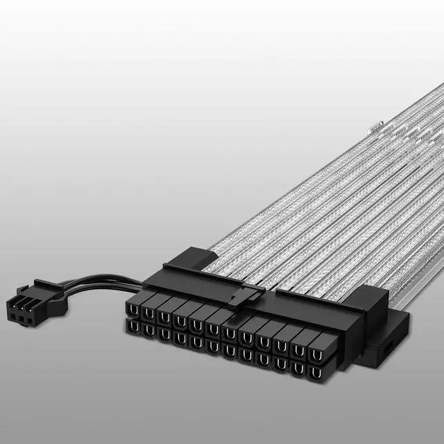 Alt view image 5 of 7 - 24 Pin RGB PSU Cable, White Aluminum Foil Braided Wire, Ribbon Fiber Optic Design with 24 LED Beads, Durable and RGB Power Extension Cable for 5V 3-pin argb Header
