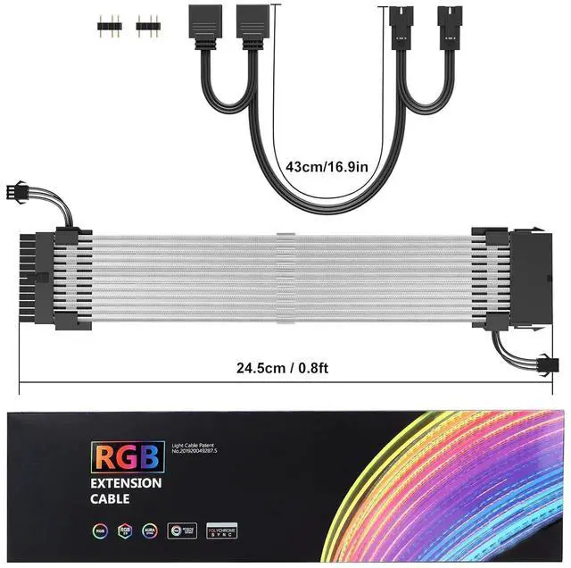 Alt view image 7 of 7 - 24 Pin RGB PSU Cable, White Aluminum Foil Braided Wire, Ribbon Fiber Optic Design with 24 LED Beads, Durable and RGB Power Extension Cable for 5V 3-pin argb Header