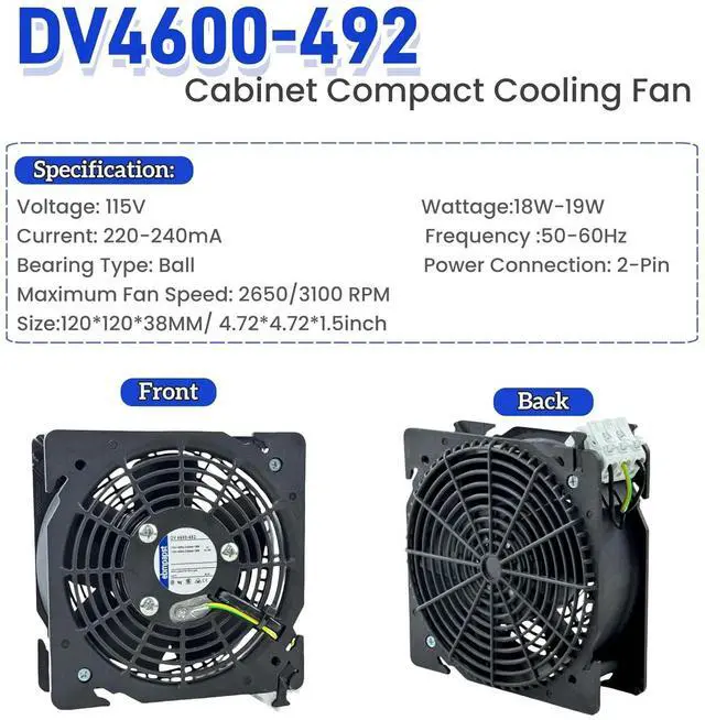 Alt view image 3 of 7 - DV4600-492 Cabinet Compact Cooling Fan 115V 18/19W 220/240mA 12CM 120×120×38mm 3100RPM 2-Wire Axial Flow Fan for Rittal Cabinet