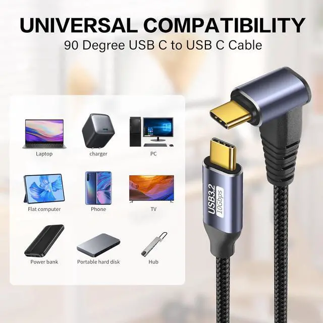 Alt view image 6 of 6 - USB C to USB C 90 Degree Cable 10Gbps USB Type-C 3.1 Gen2 Male to Male Data Transfer 4K@60Hz Video Cable Support 100W Fast Charging (0.5M/1.6FT)