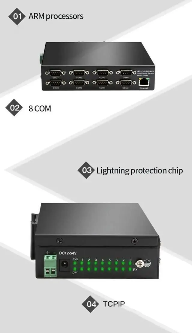 Alt view image 2 of 7 - 8 Ports RS232 RS485 RS422 to Ethernet TCP/IP Converter Multiple Serial Device Server Switch Modbus Gateway