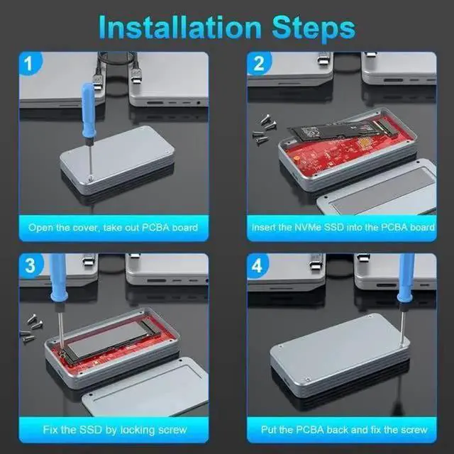 Alt view image 6 of 7 - 40Gbps M.2 NVMe SSD Enclosure, Aluminum USB4 External Hard Drive Enclosure for Thunderbolt 3/4 USB4.0/3.2/3.1/3.0, Thunderbolt 4 M.2 SSD External Enclosure Support 2280B+M M-Key PCIe with USB C Cable