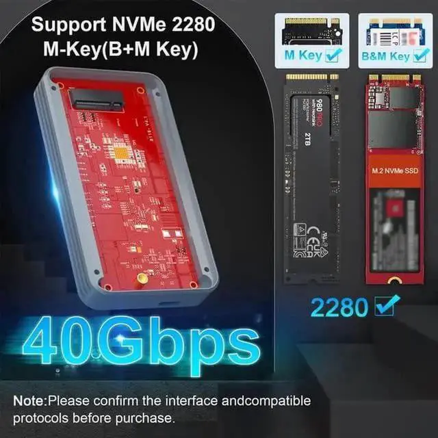 Alt view image 2 of 7 - 40Gbps M.2 NVMe SSD Enclosure, Aluminum USB4 External Hard Drive Enclosure for Thunderbolt 3/4 USB4.0/3.2/3.1/3.0, Thunderbolt 4 M.2 SSD External Enclosure Support 2280B+M M-Key PCIe with USB C Cable