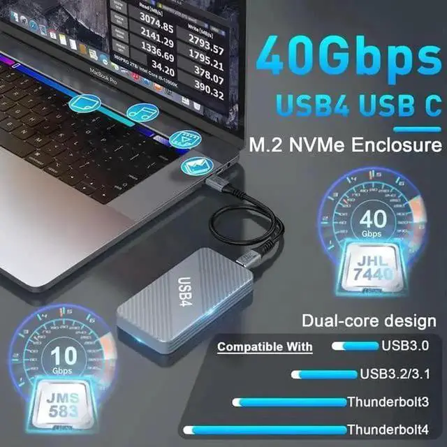 Alt view image 7 of 7 - 40Gbps M.2 NVMe SSD Enclosure, Aluminum USB4 External Hard Drive Enclosure for Thunderbolt 3/4 USB4.0/3.2/3.1/3.0, Thunderbolt 4 M.2 SSD External Enclosure Support 2280B+M M-Key PCIe with USB C Cable