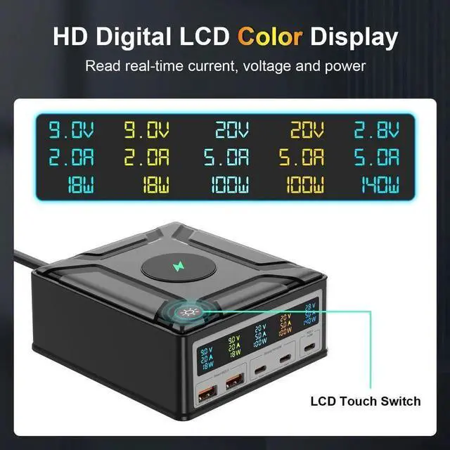 Alt view image 5 of 7 - LCD Display Charging Station for Multiple Devices,260W 5 Port Charger Station with 3USB-C, 2USB-A, 15W Wireless Charging ,Compatible with Cellphone,Tablet, Kindle, iPhone iPad and More