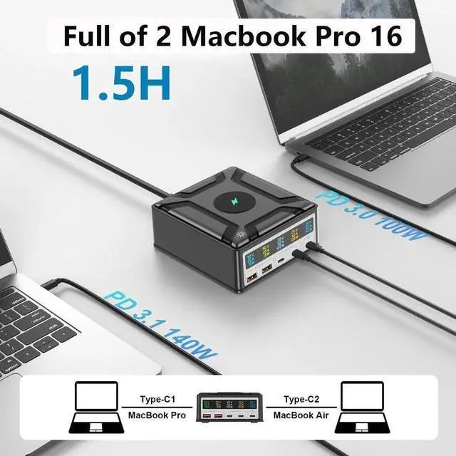 Alt view image 2 of 7 - 260W 5 Port GaN USB C Charging Station Hub Block Charger Power Strip Adapter Plug Cube, 3C2A (A1/A2 QC3.0 18W + C1/C2 100W + C3 140W) + 15W Wireless Charging for Cell Phone, Tablet