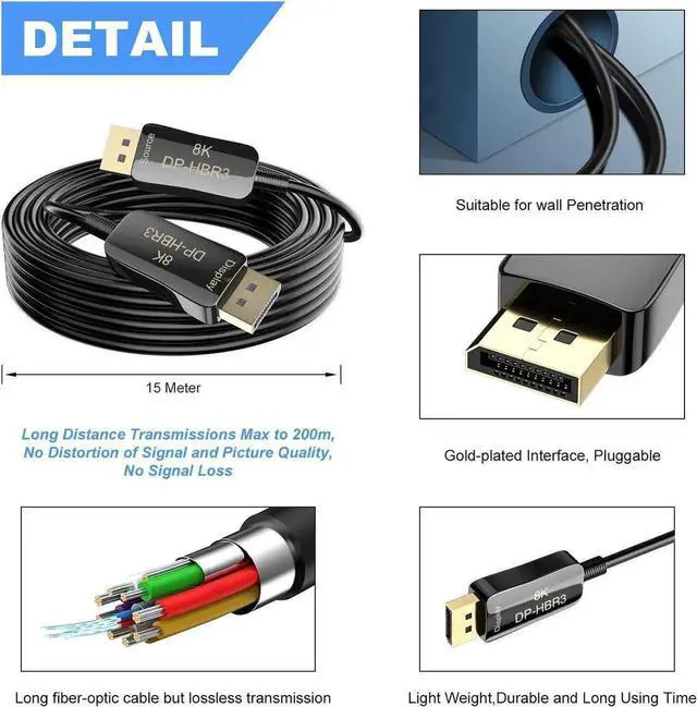 Alt view image 5 of 7 - 8K DisplayPort 1.4 Cable , DisplayPort (DP) To DisplayPort (DP) Cable, Support 8K 60Hz, 4K 144Hz, HBR3, 7680x4320 Resolution, 32.4Gbps For Laptop PC TV etc- Gaming Monitor Cable -  50 ft.