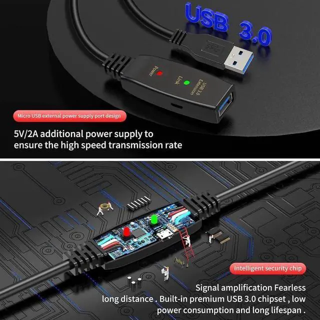 Alt view image 2 of 7 - 16FT USB 3.0 Extension Cable,Active USB 3.0 Extension Cable A-Male to A-Female,USB 3.0 Extension Cord, 1 Extension chipsets Signal Booster ,Compatible with Oculus Quest 2 VR, Xbox, PS4 and More