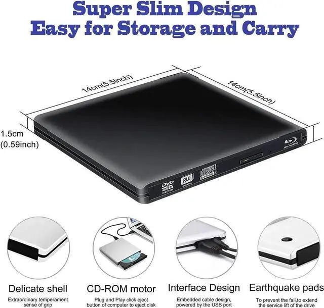 Alt view image 4 of 7 - Aluminum External DVD Blu-Ray Player Drive, USB 3.0 Type-C CD DVD +/-RW Optical Drive USB C Burner Slim CD/DVD ROM Rewriter Writer Reader Portable for PC Laptop Desktop MacBook Mac Black