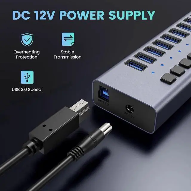 Alt view image 4 of 7 - Vszerda  Powered USB Hub, 16-Port USB Splitter Hub (16 Data HUB and Charging Port) with Individual LED On/Off Switches, USB Hub 3.0 Powered with Power Adapter for Mac, PC