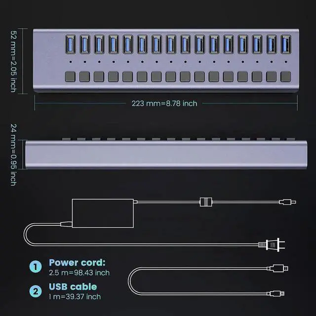 Alt view image 5 of 7 - Vszerda  Powered USB Hub, 16-Port USB Splitter Hub (16 Data HUB and Charging Port) with Individual LED On/Off Switches, USB Hub 3.0 Powered with Power Adapter for Mac, PC