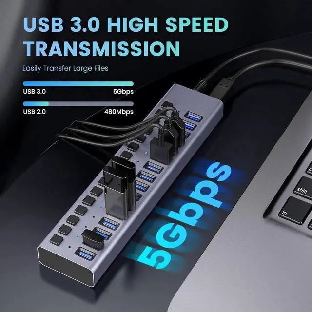 Alt view image 6 of 7 - Vszerda  Powered USB Hub, 16-Port USB Splitter Hub (16 Data HUB and Charging Port) with Individual LED On/Off Switches, USB Hub 3.0 Powered with Power Adapter for Mac, PC