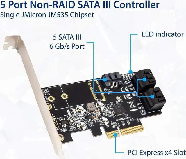 Alt view image 4 of 6 - 5 Port Non-Raid SATA III 6GB/S Pci-E X4 Controller Card for Desktop PC Support SSD and HDD with Low Profile Bracket. JMB585 Chipset SI-PEX40139
