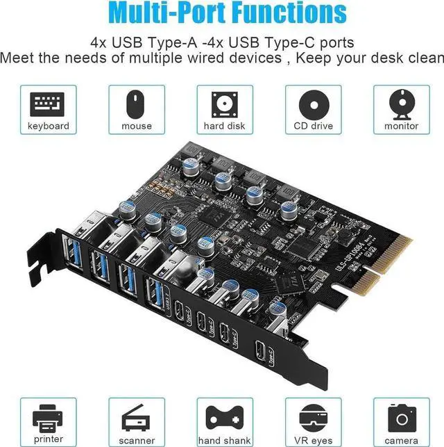Alt view image 3 of 7 - 8-Ports PCI-E to USB 3.2 HUB(4X USB C - 4X USB A 3.2) PCI Express Expansion Card Adapter 10Gbps for Motherboard, Fits PCI Express x4, x8 or x16 socket.