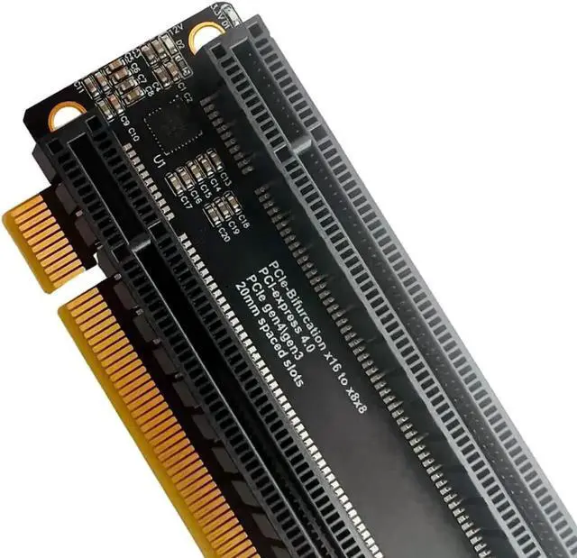 Alt view image 3 of 6 - PCI-E 4.0 x16 1 to 2 Expansion Card Gen4 Split Card PCIe-Bifurcation x16 to x8x8 with 20mm Spaced Slots CPU4P Power Supply Port (with 4Pin Cable)