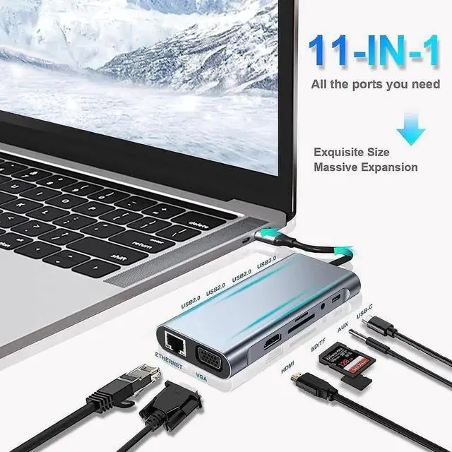 Alt view image 2 of 7 - USB C HUB, USB C Adapter 11 in 1 Dongle with 4K HDMI, VGA, Type C PD, USB3.0, RJ45 Ethernet, SD/TF Card Reader, 3.5mm AUX, Docking Station Compatible with MacBook Pro/Air, Other Type C Laptops Devices