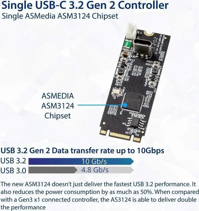 Alt view image 3 of 5 - USB 3.1 Gen 2 10 Gbps 1 Port Type-C M.2 22x60 B+M Key Expansion Card ASMedia ASM3124 SY-ADA20232