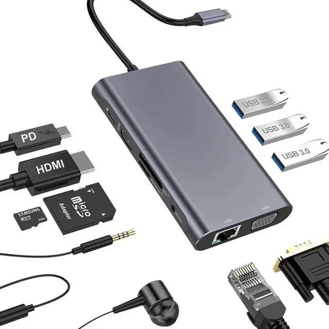 Main image of USB C Hub, 10 in 1 Type C Multiport Adapter Dock with Gigabit Ethernet, 4K HDMI, VGA, 3 USB3.0, 60W PD, 3.5mm Audio and SD/TF Docking Station for MacBook Pro/Air, Surface Pro 7 and Type-C Laptops
