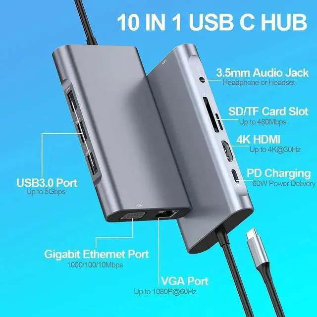 Alt view image 2 of 5 - USB C Hub, 10 in 1 Type C Multiport Adapter Dock with Gigabit Ethernet, 4K HDMI, VGA, 3 USB3.0, 60W PD, 3.5mm Audio and SD/TF Docking Station for MacBook Pro/Air, Surface Pro 7 and Type-C Laptops