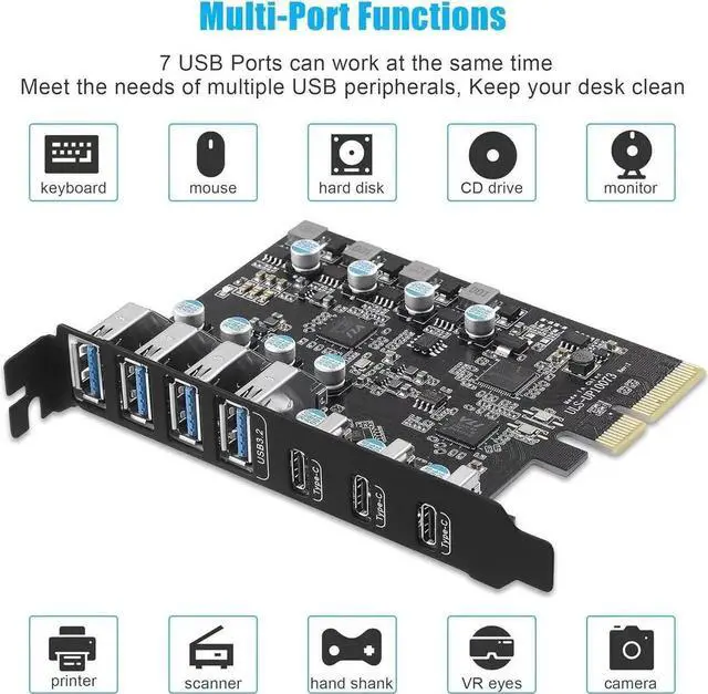 Alt view image 6 of 7 - USB 3.2 PCI-e Expansion Card 7-Port(3X USB C - 4X USB A), PCI-e to USB 3.2 Gen2 HUB Adapter Superspeed 10Gbps, Fits PCI Express x4, x8 or x16 socket.