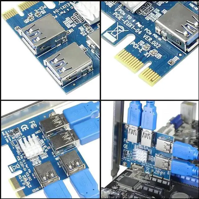 Alt view image 3 of 6 - PCI-E 1x to 16x Riser Card PCI-Express 1 to 4 Slot PCIe USB3.0 Splitter 1 to 4 Adapter GPU Riser Card for BTC Bitcoin Miner Mining (PCIE 1 to 4USB Card Blue)