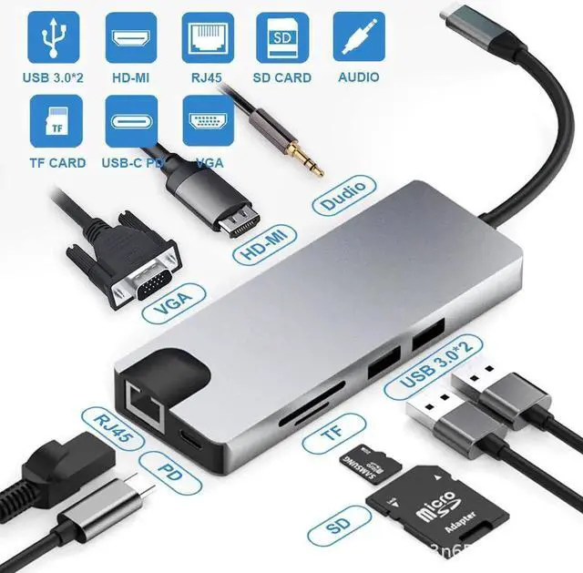 Main image of USB C Hub, 9-in-1 USB C Adapter with 4K HDMI, 60W Power Delivery,2 USB 3.0 Ports, 1Gbps Ethernet Port and SD/TF Card Readers, 1080P VGA, 2 USB3.0, Audio Jack for MacBook/Pro/Air, Type-C Laptops, iPad