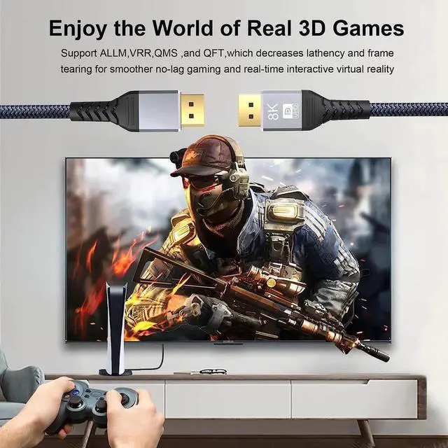 Alt view image 7 of 7 - 8K DisplayPort 1.4 Cable 6.6 Feet, DP Cord (8K@60Hz 4K@144Hz 1080P@240Hz 2K 32.4Gbps) HBR3 HDCP HDR,FreeSync G-Sync,Braided Display Port for Laptop, PC, Projector, TV, Gaming Monitor