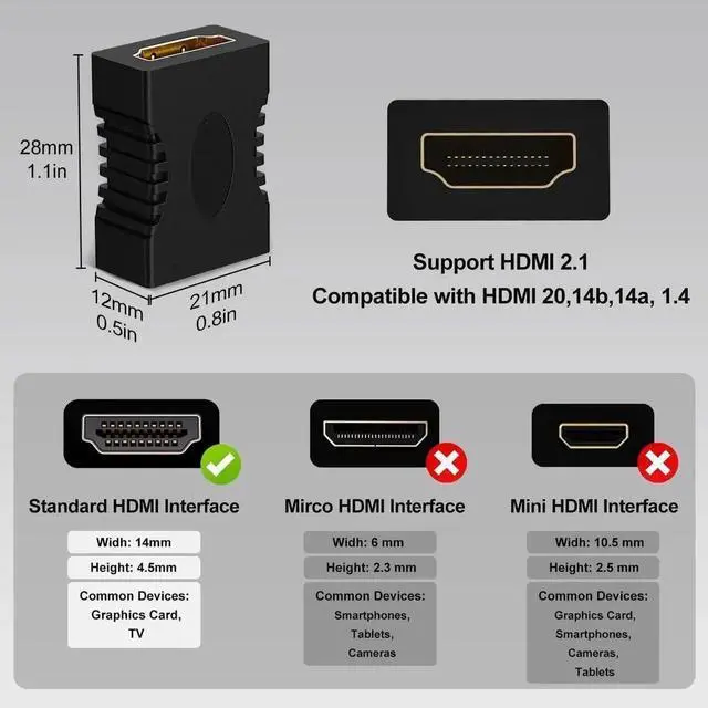 Alt view image 5 of 7 - Vszerda 8K HDMI Coupler, 8K@60Hz/4K@120Hz HDMI 2.1 Female to Female Connector HDMI Extender, Support 3D, HDR, HDCP, ARC,Compatible with DVD, Blu-ray, TV, Laptop, PC, Monitor, 2 Pack