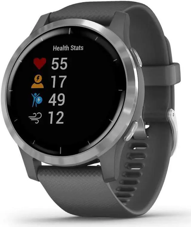 Alt view image 2 of 6 - Garmin 010-02174-01 Vivoactive 4, GPS Smartwatch, Features Music, Body Energy Monitoring, Animated Workouts, Pulse Ox Sensors and More, Silver with Gray Band