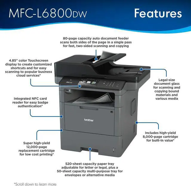 Alt view image 2 of 7 - Brother Monochrome Laser, Multifunction, All-in-One Printer, MFC-L6800DW, Wireless Networking, Mobile Printing & Scanning, Duplex Print, Scan & Copy, Amazon Dash Replenishment Ready, Black