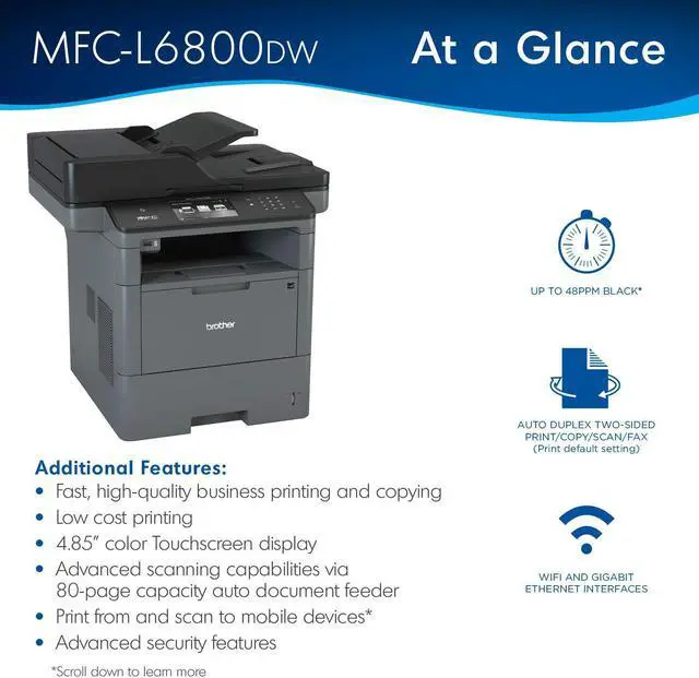 Alt view image 3 of 7 - Brother Monochrome Laser, Multifunction, All-in-One Printer, MFC-L6800DW, Wireless Networking, Mobile Printing & Scanning, Duplex Print, Scan & Copy, Amazon Dash Replenishment Ready, Black
