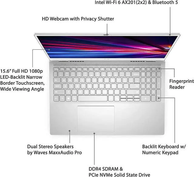 Alt view image 3 of 6 - Dell Inspiron 15 Plus 7501 Touch 15.6 FHD Laptop, Core i5-10300H, Backlit KB, Fingerprint, Webcam, Wi-Fi 6, USB-C, HDMI, Intel UHD Graphics, Win 10 H, 16 GB RAM, 512GB SSD Storage