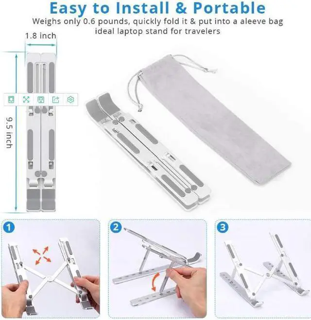 Alt view image 5 of 7 - GKN Laptop Stand, Aluminum Computer Riser, Laptop Cooler, 10 Angles Adjustable Ergonomic Foldable Portable Desktop Holder Compatible with MacBook, iPad, HP, Dell, Lenovo 10-15.6” Silver